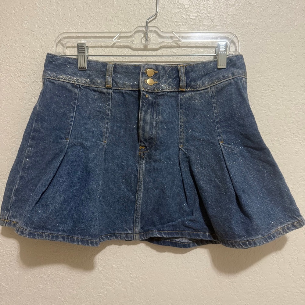Zara Gold Glitter Denim‎ Mini Skirt Pleated Metallic Gold Foil Womens Size S 26
